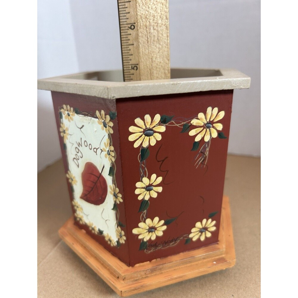 Kathy Hatch Wood Utensil Holder Planter Fall Leaves Rustic Kitchen Decor - Picture 12 of 13